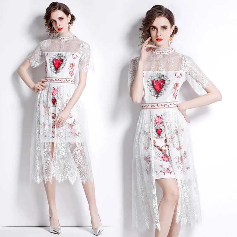 

Женское Сетчатое платье с коротким рукавом, белое кружевное платье составного кроя в стиле Харадзюку с вышивкой и сердечками, лето 2022