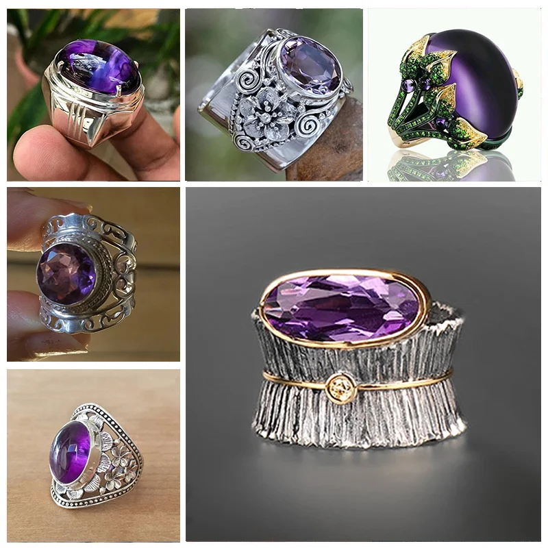 

Fashion Round Inlaid Purple Zircon Women's Ring Vintage Design Bronze Metal Carved Pattern Flower Hollow out Ring Jewelry