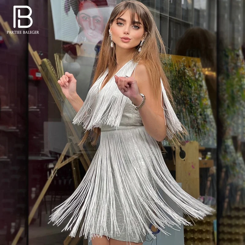 

PB Trendy Oil Print Silver Tassels Design Mini Dress Sexy V Neck Sleeveless Celebrity Party Club Bandage Dress
