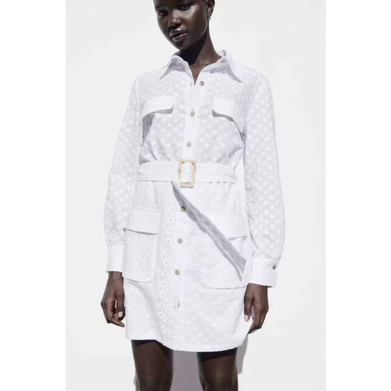 

Summer 2023 with belt embroidered short dress long sleeve shirt dress