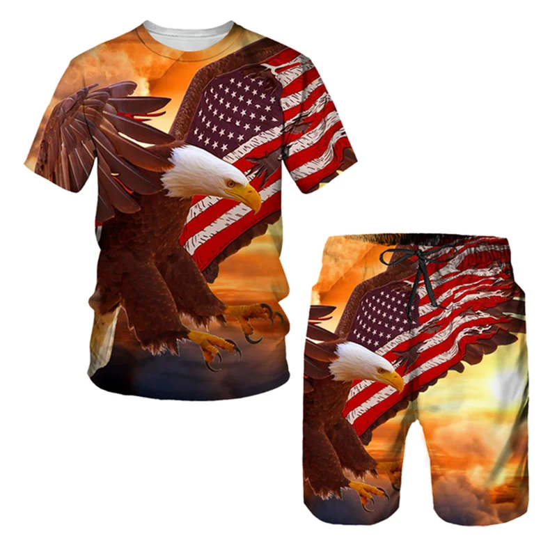 Fashion 3D Eagle Pattern T Shirt For Men Shorts 2 Piece Outfit Trend Harajuku Children Tees Casual O-neck Short Sleeve Loose Top