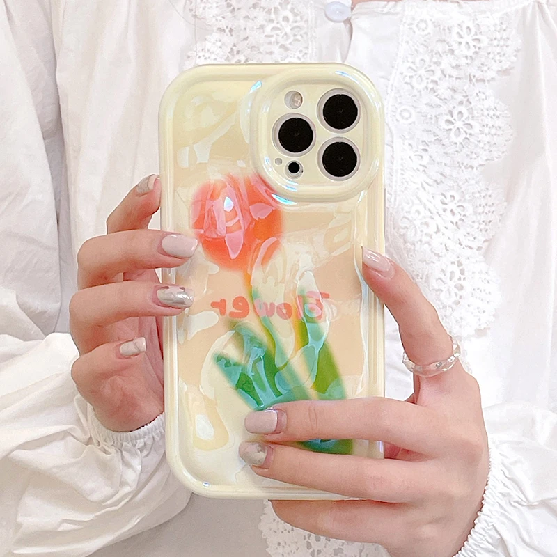 

Lovely Tulip Flower Shockproof 3D Stone Texture Phone Case For iPhone 13 Pro Max 14 12 11 Soft Silicone Back Cover Capa