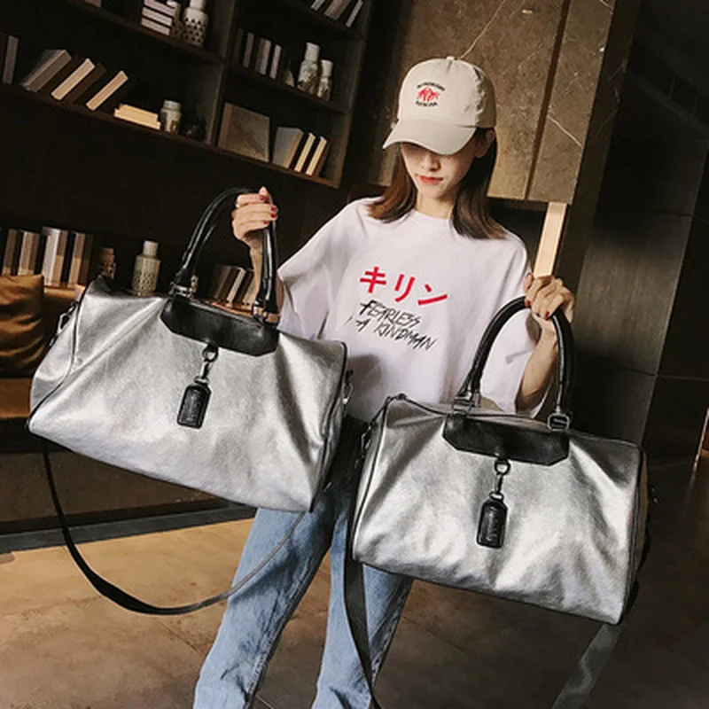 

Silver Sports Bag Lady Luggage Bag In Travel Bags with Tag Duffel Gym Bag Leather Women Yoga Fitness Sport Big Gym Bags Women
