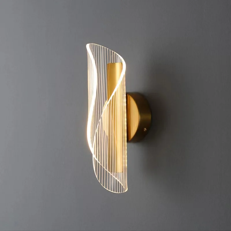 Postmodern Gold Wall Lamp Copper Indoor Decor Sconce Acrylic Stair Lamp For Living Room Bedroom Corridor Aisle Wave Wall Light