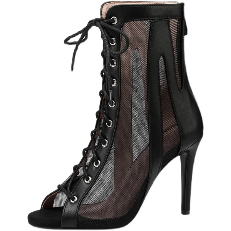 Black Women Lace-UP Latin Dance Shoes High Heels Outdoor Tango Dancing Boots Open Toes Soft Soles Casual Outdoor Dancing Shoes