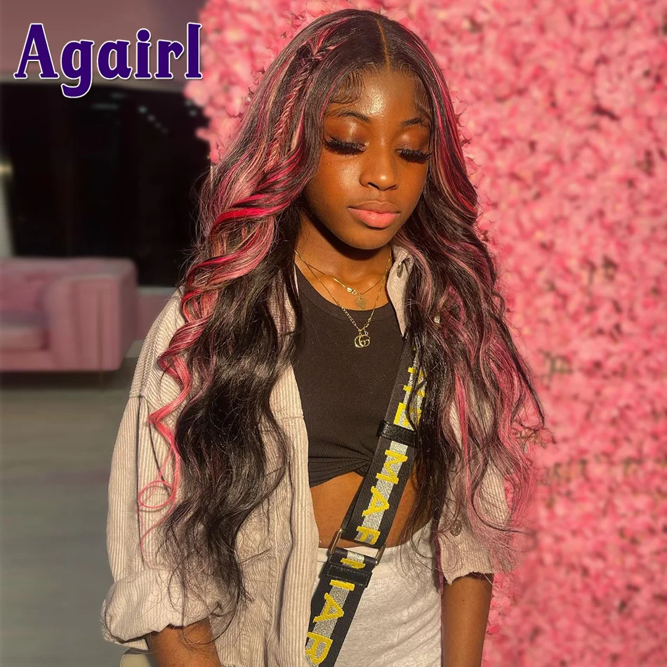 Highlight Pink with Black Human Hair Body Wave Wigs 13x6 Lace Frontal Wig Brazilian Hair Wigs For Women 32 Inch 5x5 Closure Wigs