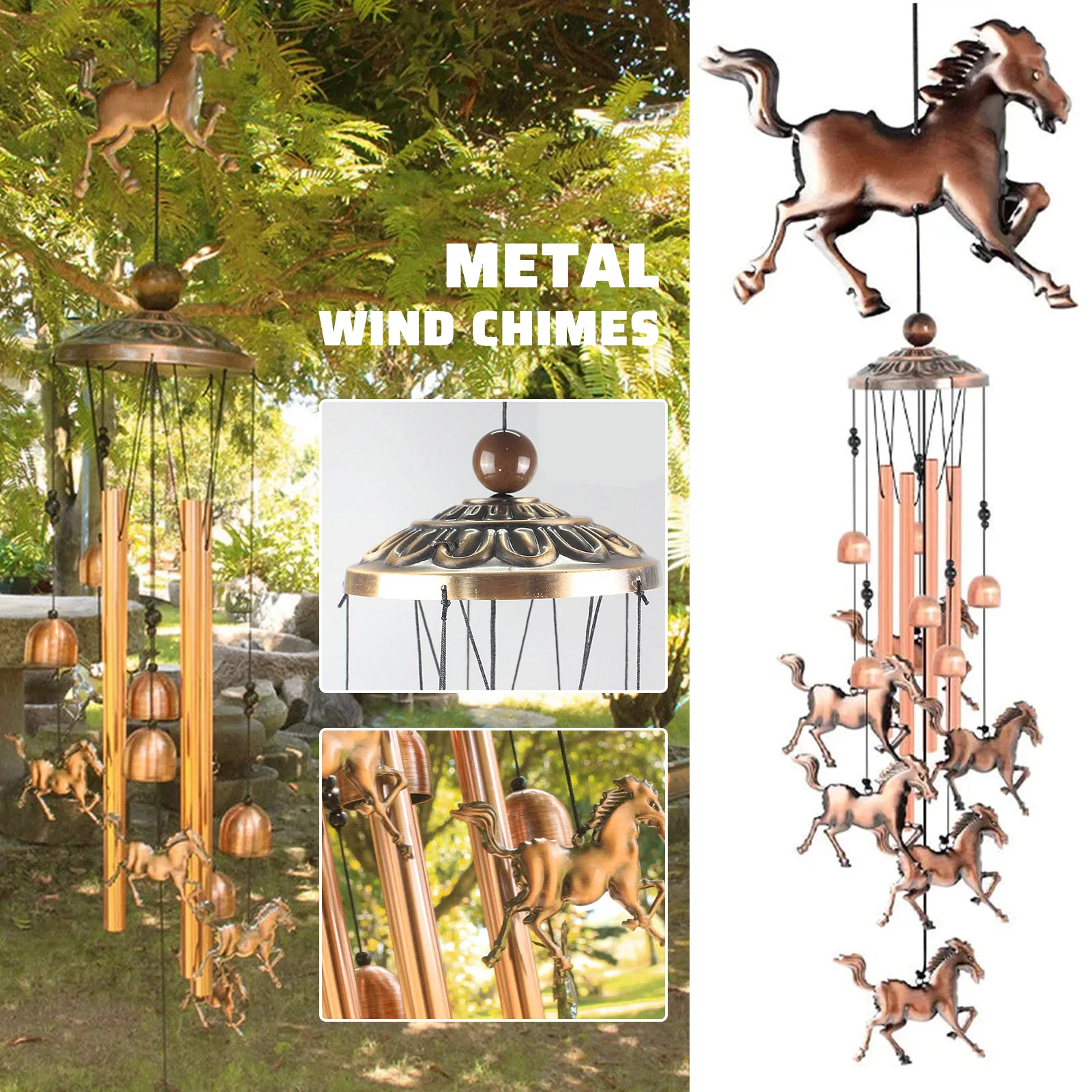 

Vintage Copper Horse Windchime Personalized Aluminium Tubes Bell Pendant For Window Porch