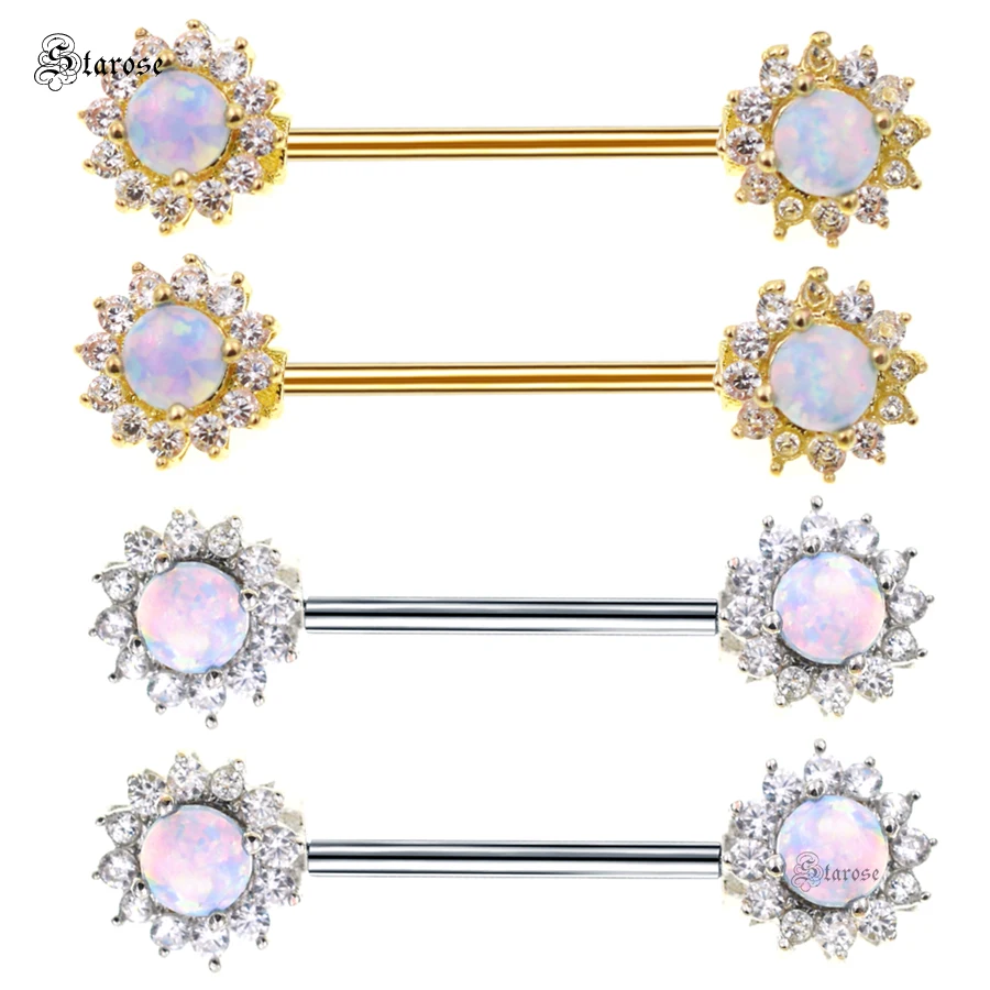 

1Pair 1.6x16mm Natural Opal Nipple Piercing Jewelry 14G Barbell Nipple Rings Surgical Steel Helix Earring Crystal Nipple Jewelry
