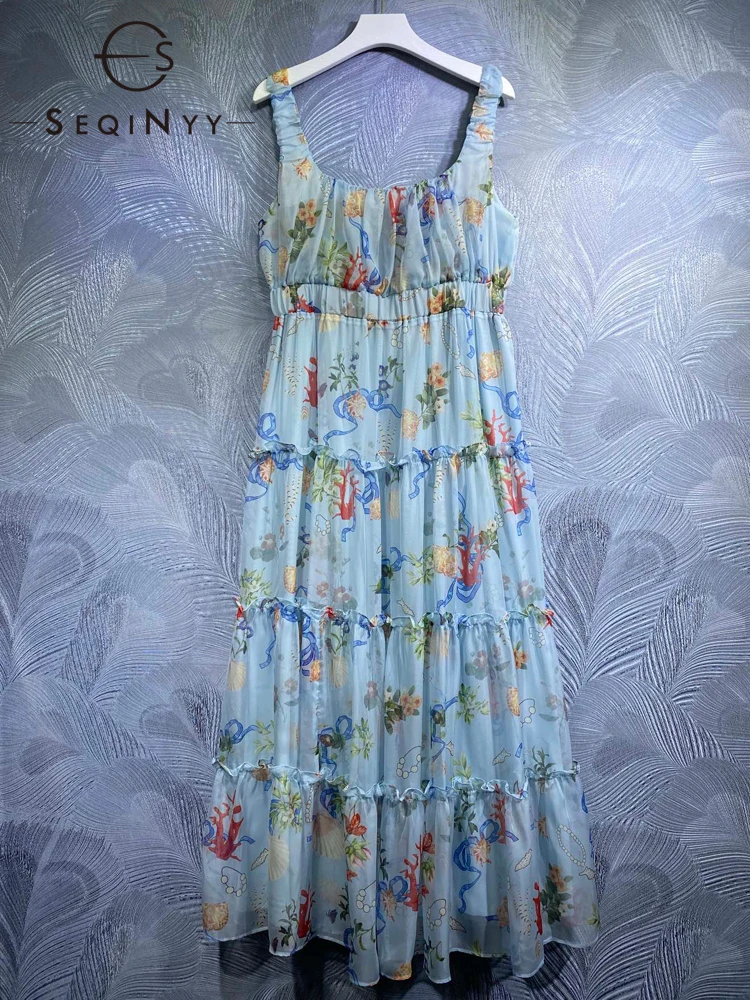 

SEQINYY Blue Midi Dress Summer Spring New Fashion Design Women Runway High Street Sicily Flowers Print Elastic Waist Strapless