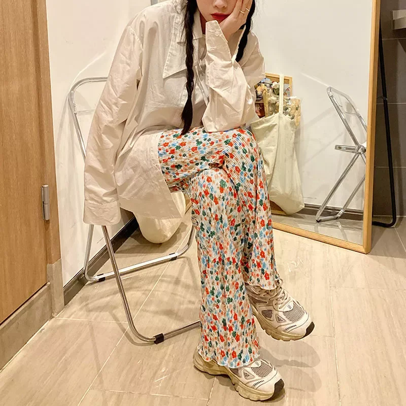 

fashionableHigh Waist Pants Women Floral Chic Retro Stylish Popular All-match Sun-proof Summer Lady Trouser Flare Ulzzang Teens
