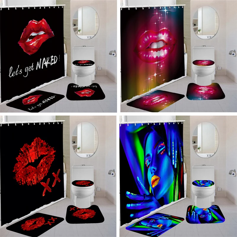 

Waterproof Bathroom Shower Curtain Set with 12 Hook Toilet Seat Cover Bath Mat Non-slip Rug Carpet Red Lips Christmas Home Decor
