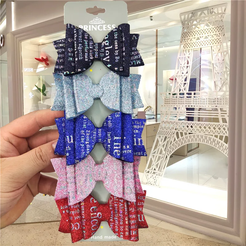 

5PCS/Card Lovely Letter Glitter Girls Clip Bows Child Tie Knot Creativity Handmade Hairpins Barrettes Hair Accessories For Kids