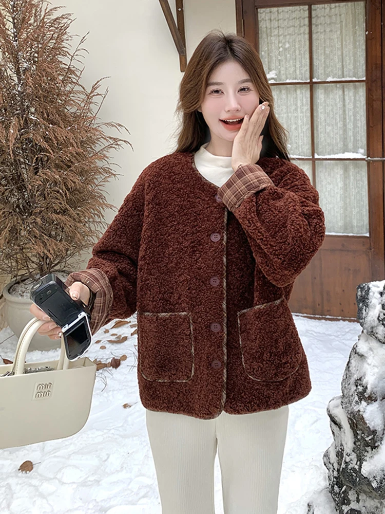 Ankela Red Graceful Fur Integrated Lamb Wool Outerwear Women 2024 Winter New Small Short Cotton-Padded Coat