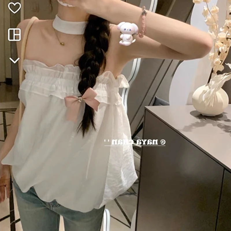 

French Style Halter Neck Blouse Summer Sweet Sexy Sleeveless Tops Solid Color Ruffles Shirt Women Loose Clothing Blusas 27612