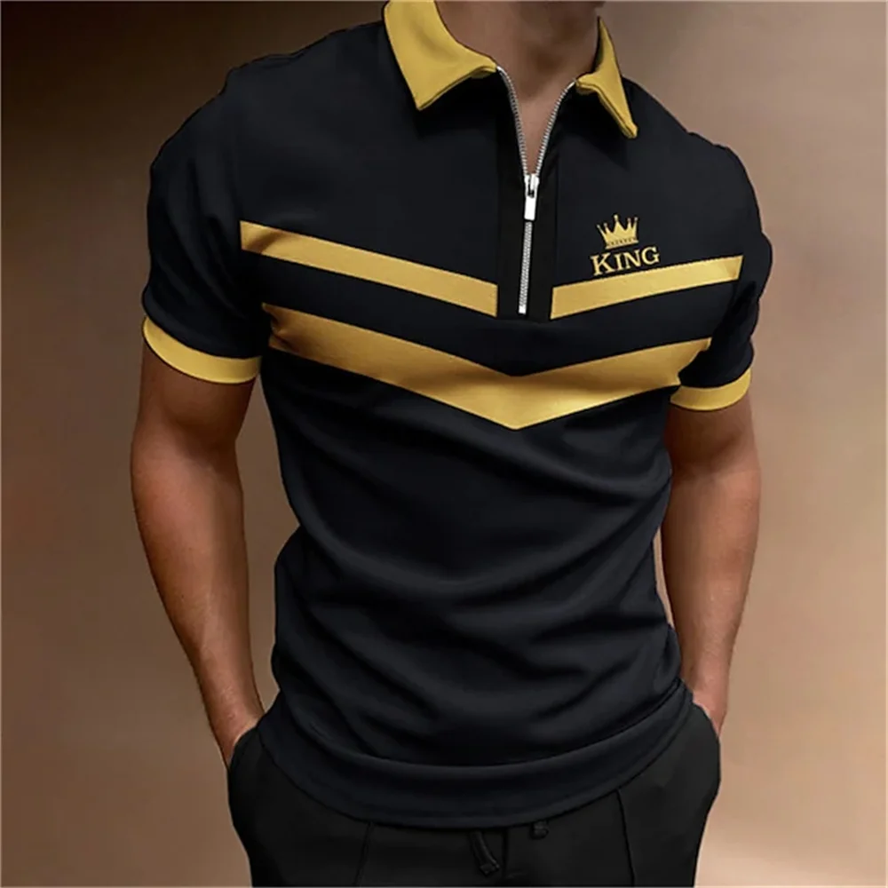 

2023 Summer Mens Short Sleeve Tops Polo T Shirts Golf Men's King Print Shirt Fashion Turndown Zipper Fit Breathable Man Clothing