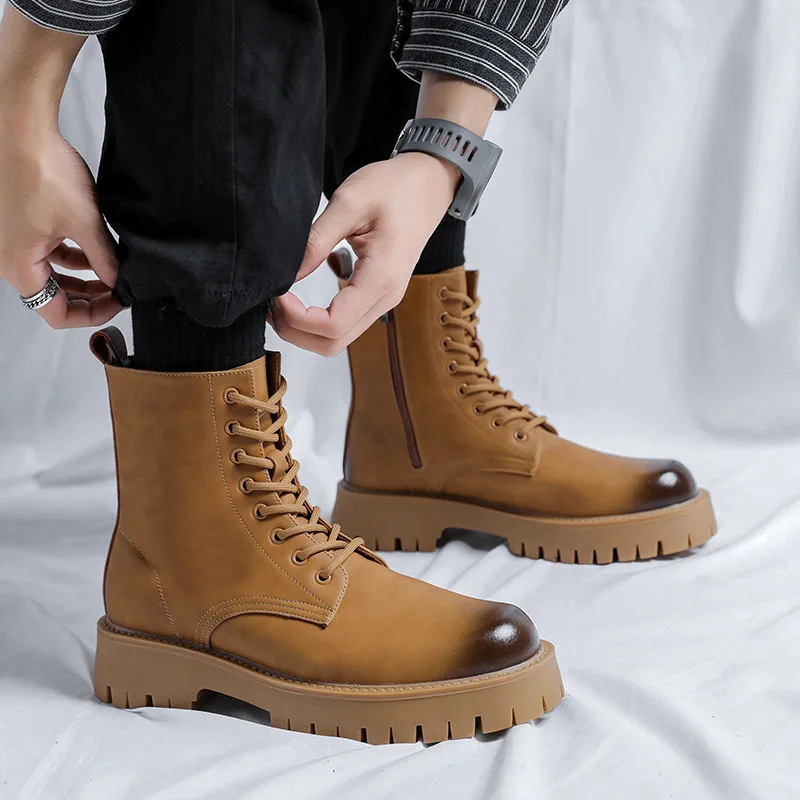 

England style mens boots black brown original leather shoes stage nightclub dress high motorcycle boot long platform botas male
