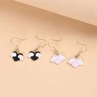 xedz trendy black and pink heart shaped enamel pendant earrings fashion white wings ear wired for female accessories jewelry