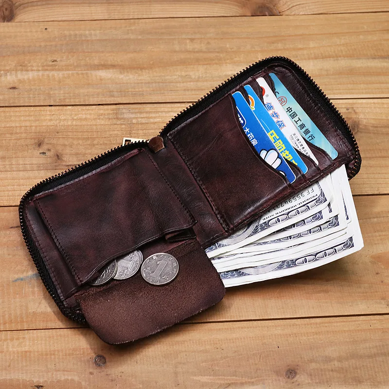 

Wallet For Men Genuine Leather Coin Pocket Purse Vintage Old Pleated Short Zip Card Holder Wallets Billetera Hombre Cartera