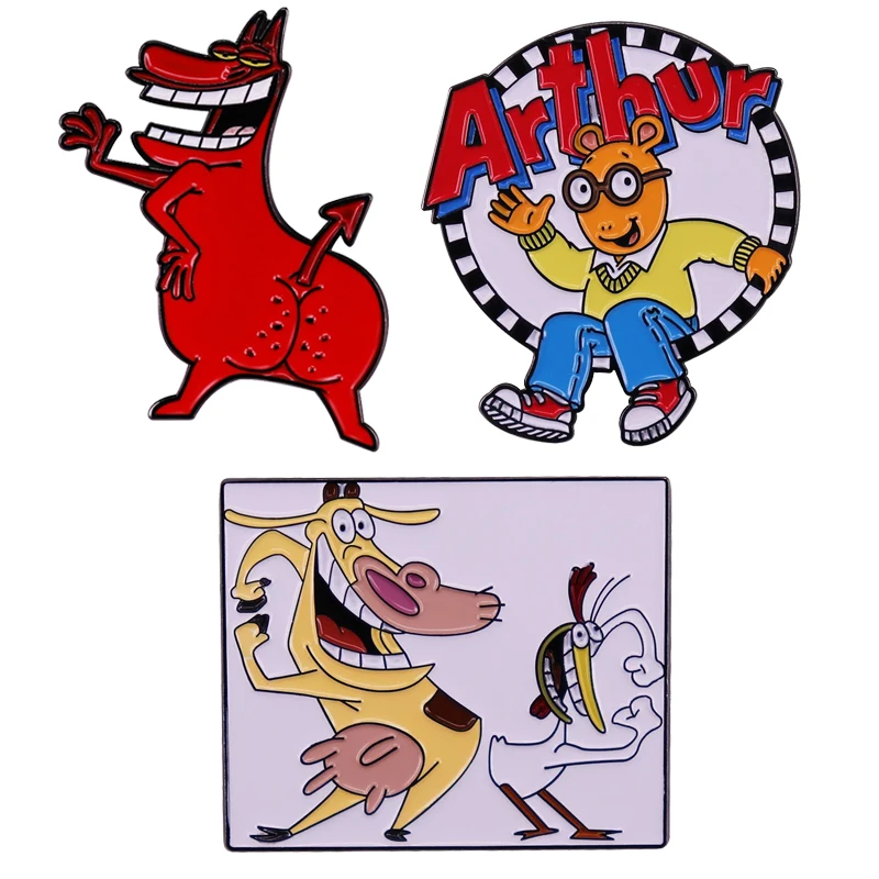 

Classic Anime Cow and Chicken with Red Guy Brooch Enamel Pin Brooches Metal Badges Lapel Pins Denim Jacket Jewelry Accessories