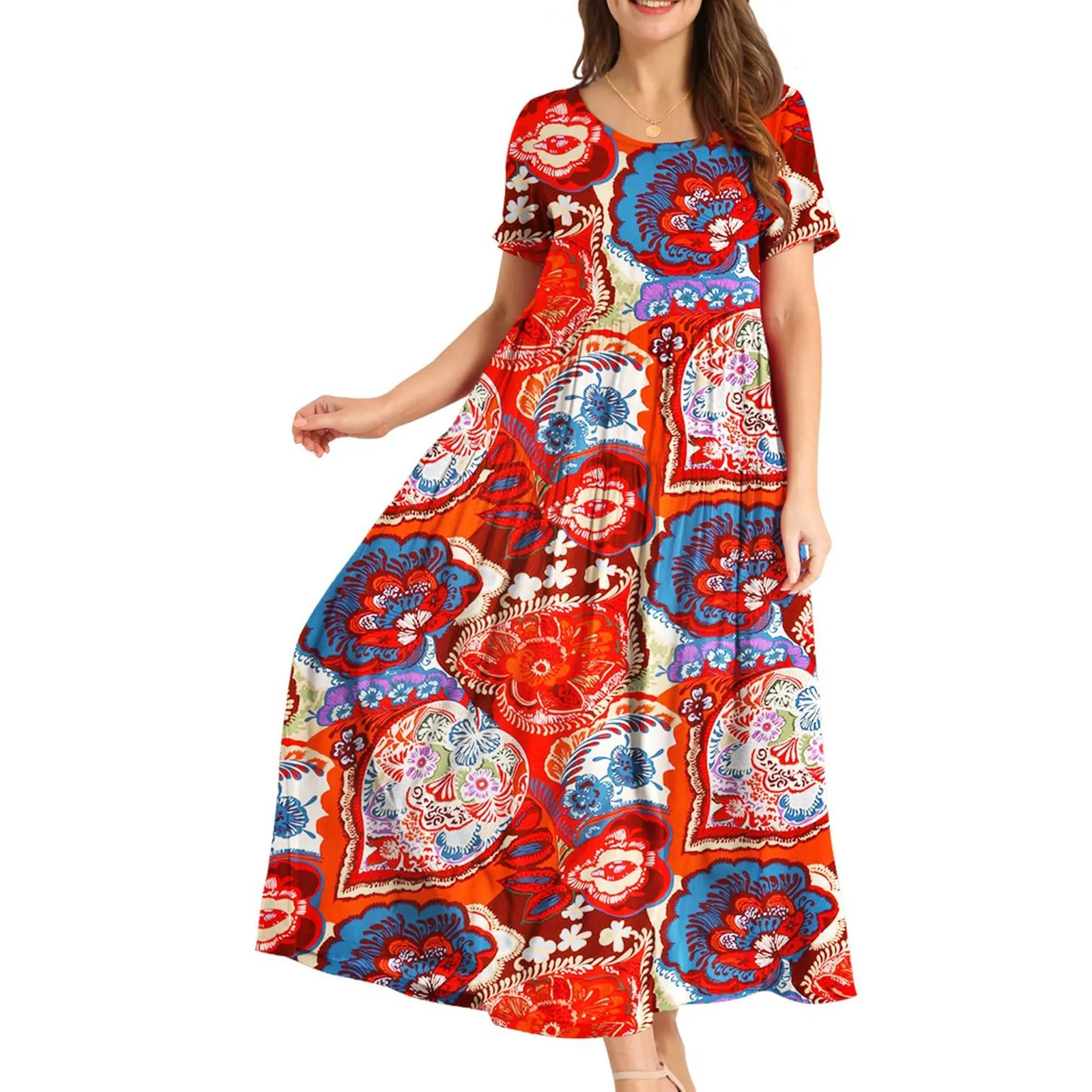 

Women Casual Loose Bohemian Floral Dress With Pockets Short Sleeve Long Maxi Wrap Winter Dresses for Women Black Floral Shirt