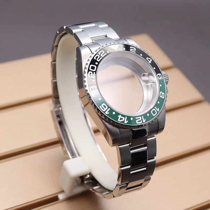 40mm GMT Watch Case Strap Parts nh35 nh36 miyota 8215 eta 2824 Movement 28.5mm Dial Sapphire Glass Black+Green Ceramic Bezel