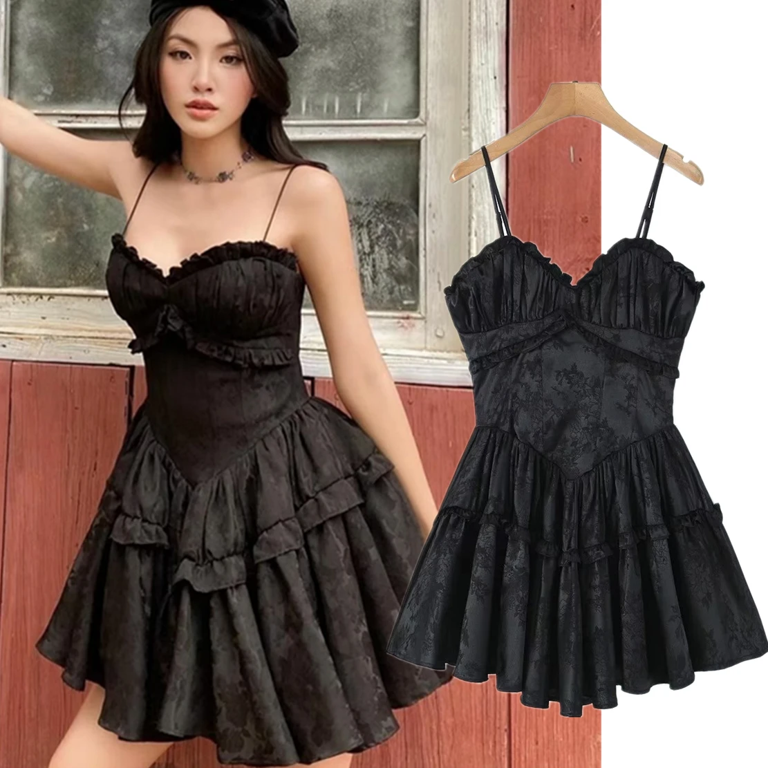 

Maxdutti 2023 Summer French Sexy Ruffle Strap Dress Women Fashion Vintage Jacquard Weave Party Mini Dress