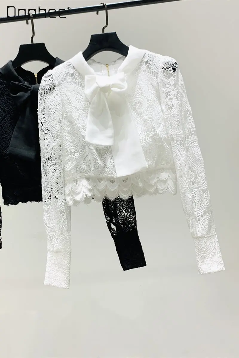 

Spring and Autumn Vintage Court Style Lace Shirt Women Sexy Cutout See-through Bow Short Top Ladies Casual Lace Shirt Tops