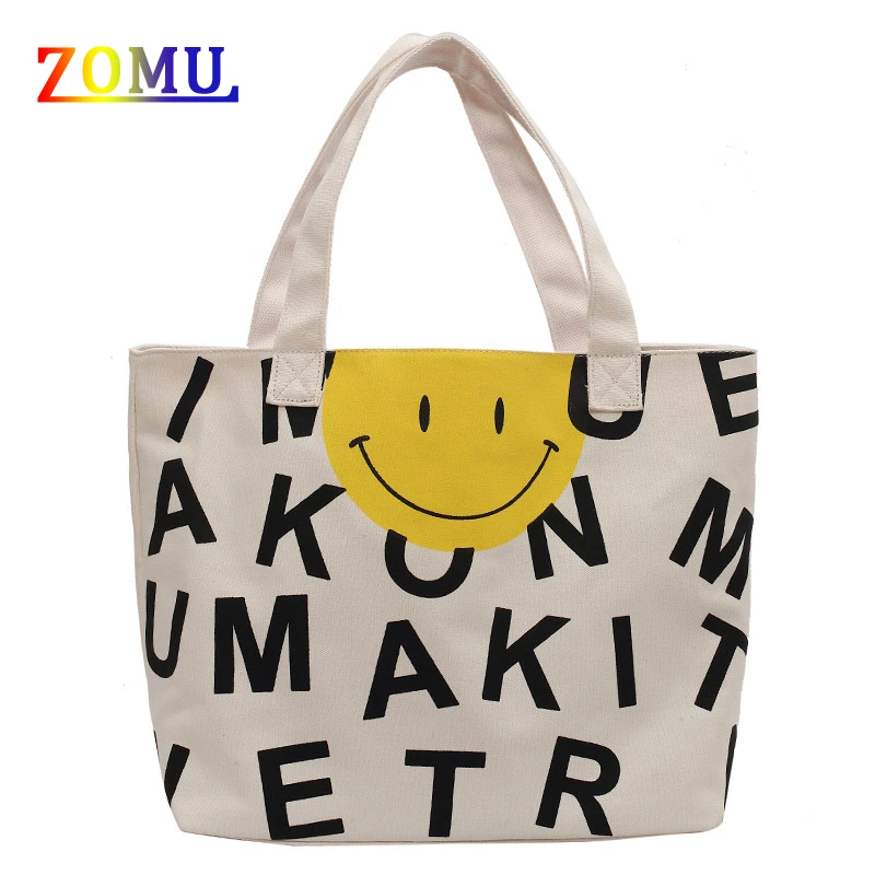 

ZOMU New Cartoon Smiley Letter Printing Ladies Tote Bag Literary Simple Canvas Bag Large Capacity Shopping Bag y2k Handbag
