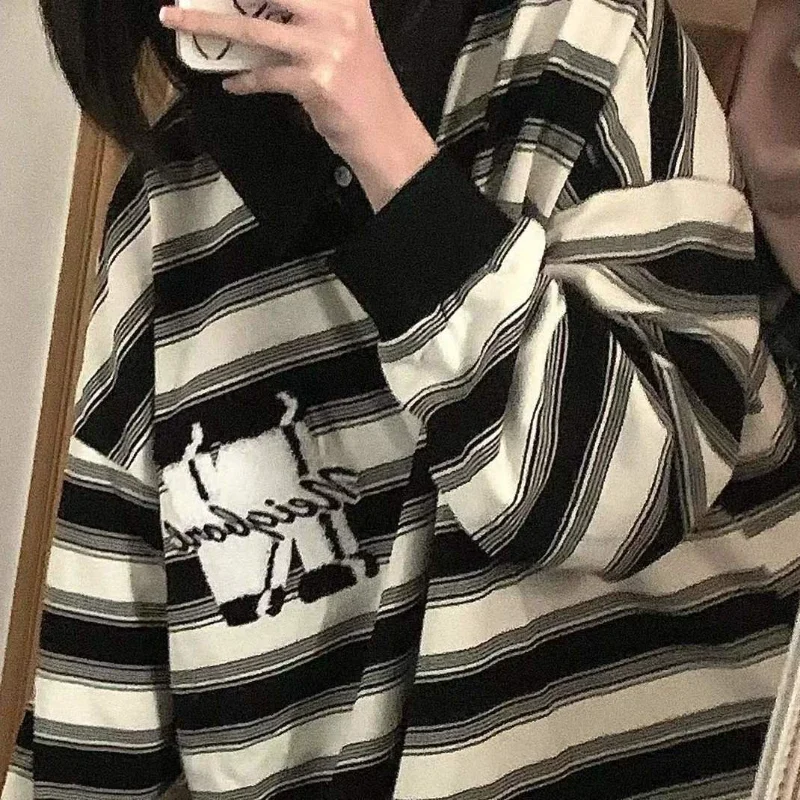 

American Black Striped Embroidery Hoodies Women Oversize Sudaderas Preppy Style Vintage Turn Down Collar Y2k Sweatshirt Tshirts