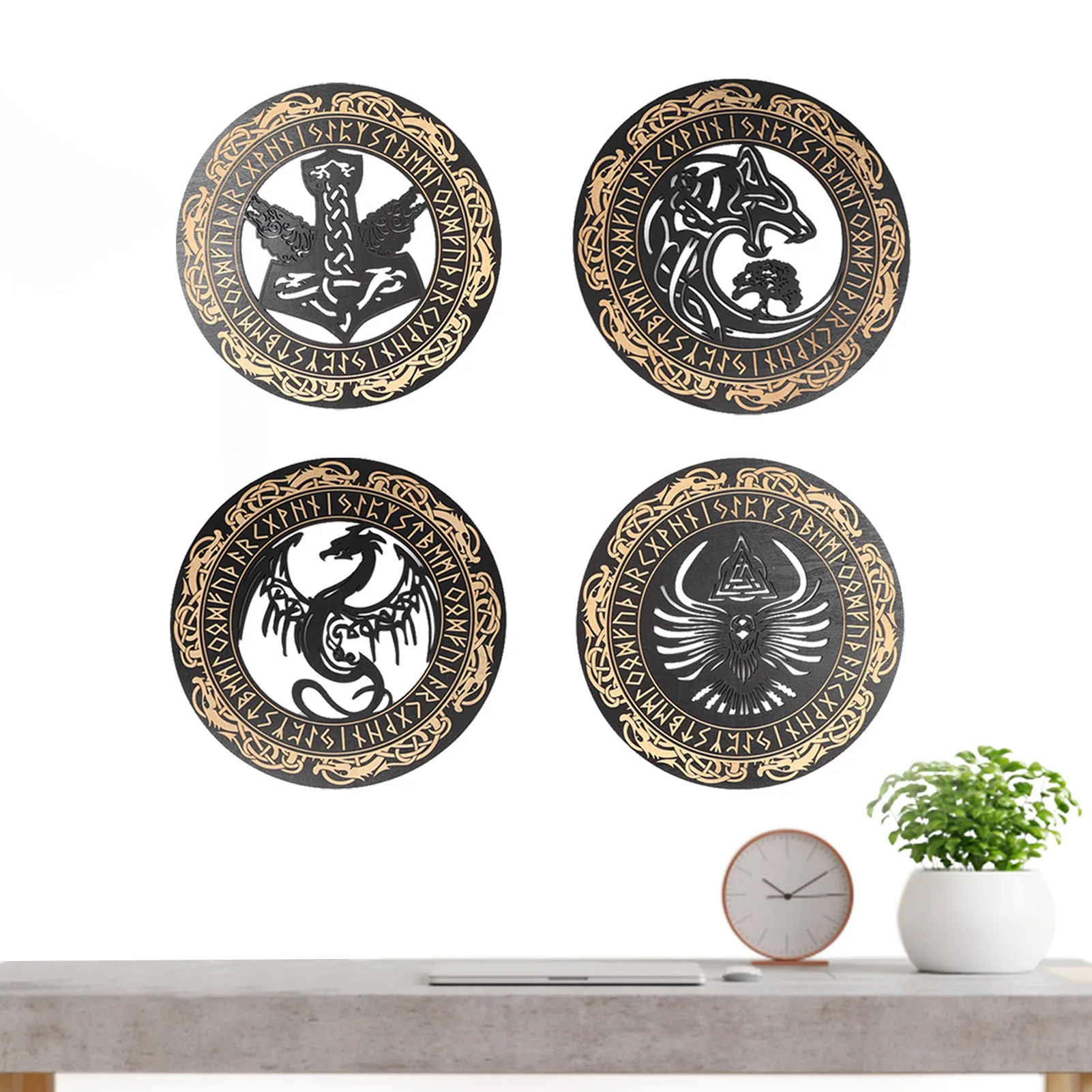 

Viking Art Wall Decor 4 Pcs Wood Viking Wall Decor Wall Art Rune Decor Wall Art Nordic Viking Runes Amulet Wall Decor Gift For