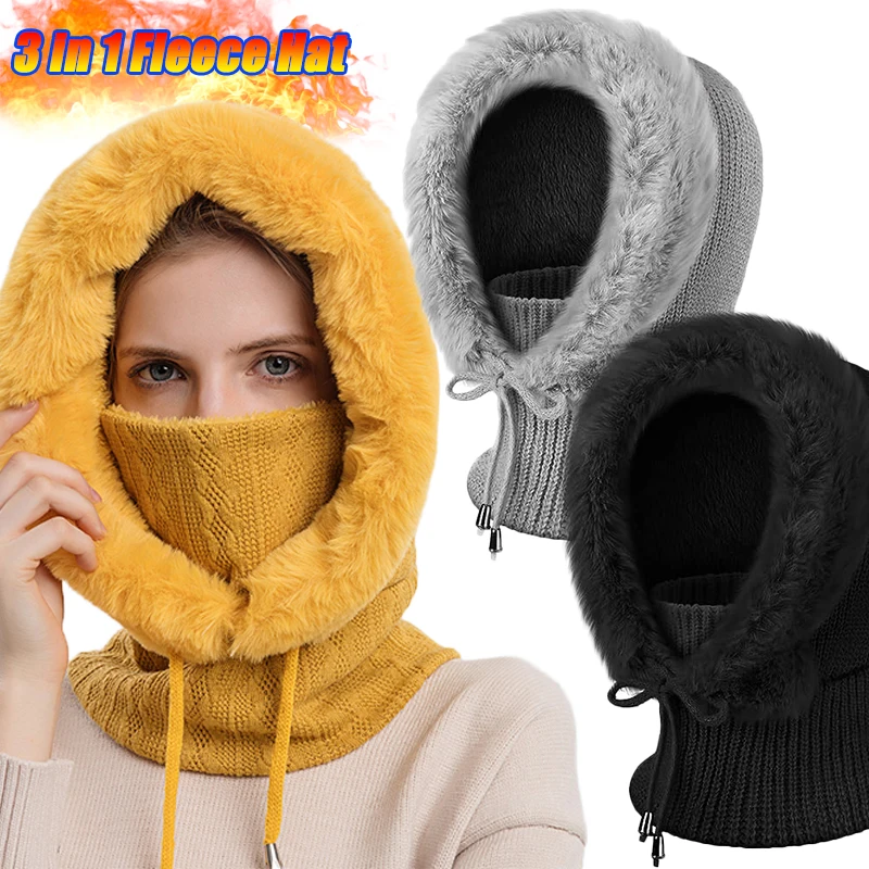 

Winter Fur Cap Mask Set Hooded for Women Knitted Cashmere Neck Warm Russia Outdoor Ski Windproof Hat Thick Plush Fluffy Beanies