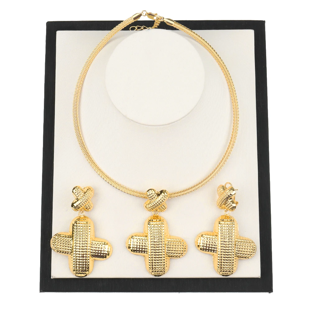 

Women Jewelry Sets Cross Pattern Earrings Necklace Dubai Gold Plated Jewelry Sets for Bridal Ladies Accessories Party Gift