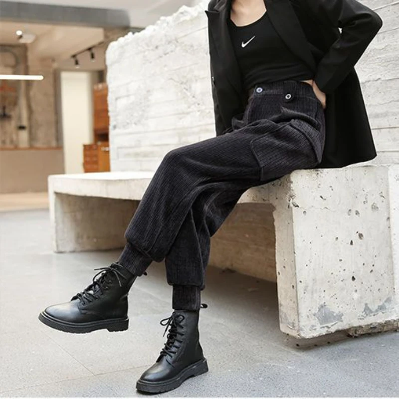 

Woman Wide Leg Vintage Casual Straight Pant Female High Waist Warm Plush Trousers Ladies Autumn Loose Corduroy Pants Mujer G295