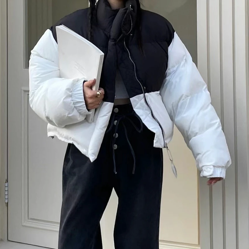 Warm Women's Parkas Cotton Padded Clothes Lapel Zipper Solid Pocket Loose Coat Winter Color Blocking Fashion Female Outerwear