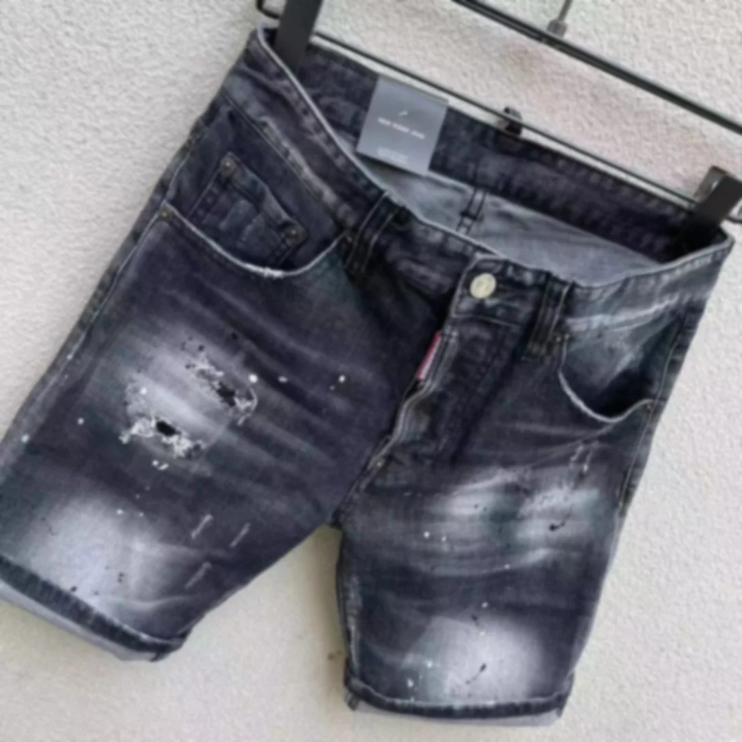 2023 Spring/Summer New D2 Jeans Fashion Men's Washed and Worn Hole Patch Paint Slim Fit Micro Elastic Denim Shorts Men
