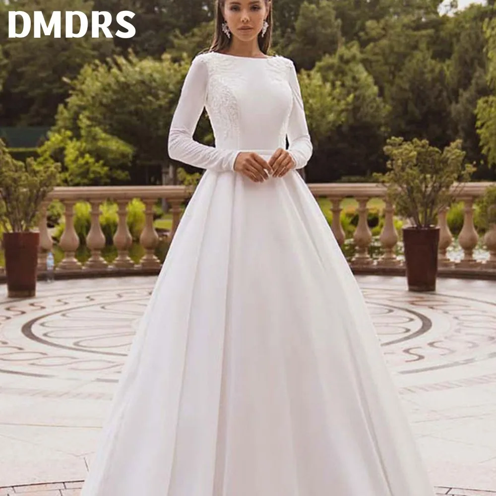 Платье свадебное атласное с длинным рукавом элегантное кружевное мусульманское