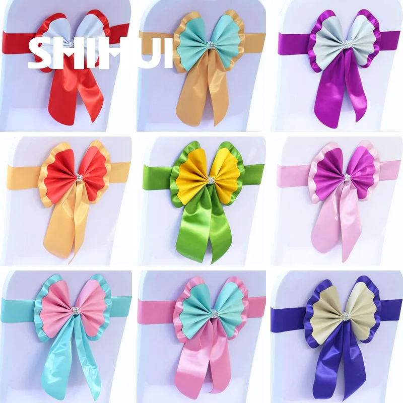 

Chair Sashes Tie Satin Knot Cover Back Colourful Splice Ribbon Belt Bow For Banquet Wedding Party Event Kindergarten Decoration