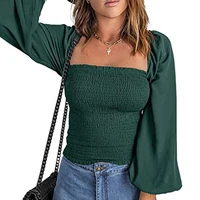 women square collar pleated lantern long sleeve blouse ladies casual solid color slim fit top am4385