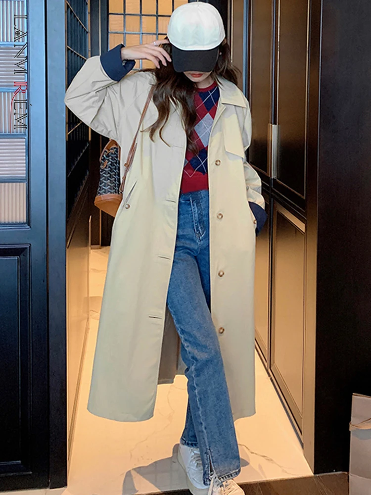 

LANMREM Mid Length Trench Coat Women Fashion Lapel Single Breasted Belt Contrast Color Windbreaker 2023 Autumn New 2AA1552