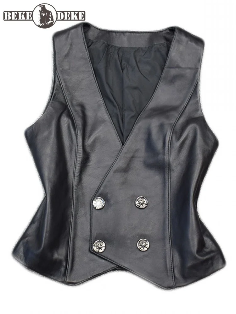 New Office Spring Ladies Sheepskin Genuine Leather Vest Double Breasted V Neck Sleeveless Jacket Women Casual Slim Fit Waistcoat