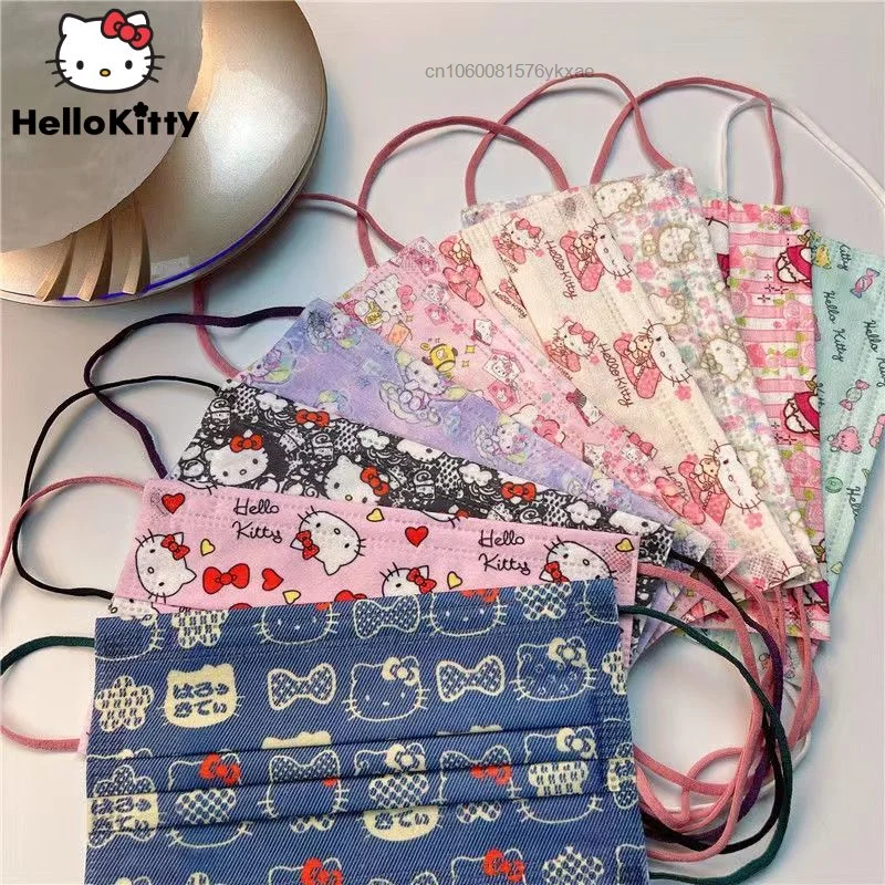 

100 шт. Sanrio, украшение для лица с принтом Hello Kitty, для взрослых и детей, одноразовый 3-слойный пыленепроницаемый милый мультяшный аниме солнцеза...