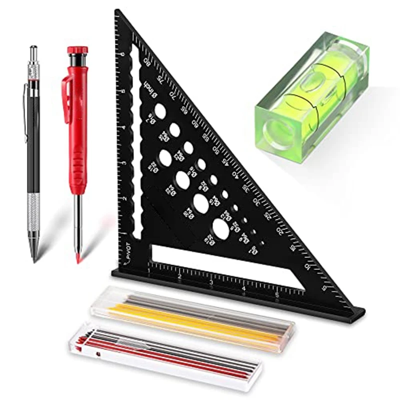 

1Set 6-In-1 Triangle Ruler Carpentry Squares Tool Set Deep Hole Marker Alloy 18 Refills And Level