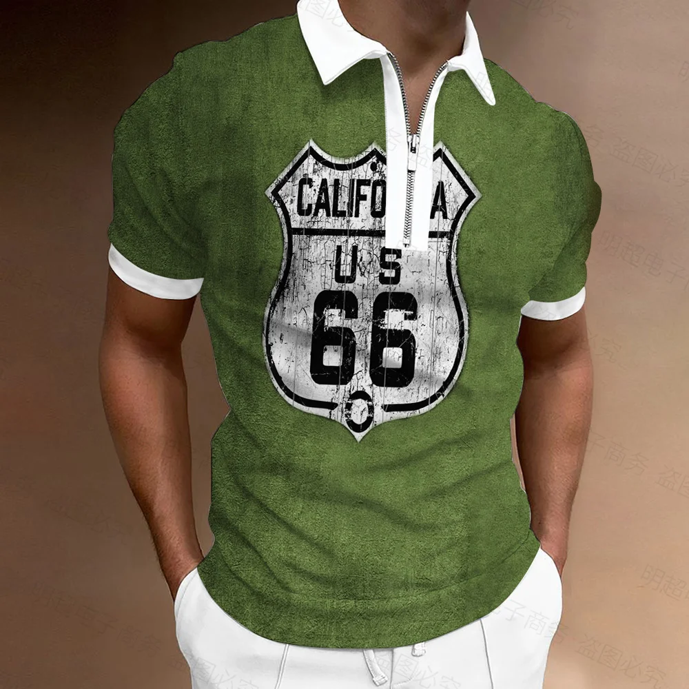 Summer men's business short sleeve polo shirt American Route 66 3D printed men's slimming high-quality lapel breathable clothing