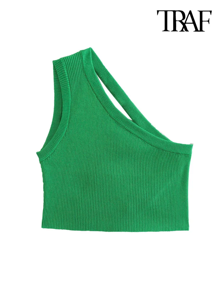 TRAF Women Fashion Asymmetrical Green Knit Crop Tank Tops Vintage One Shoulder Backless Female Camis Mujer