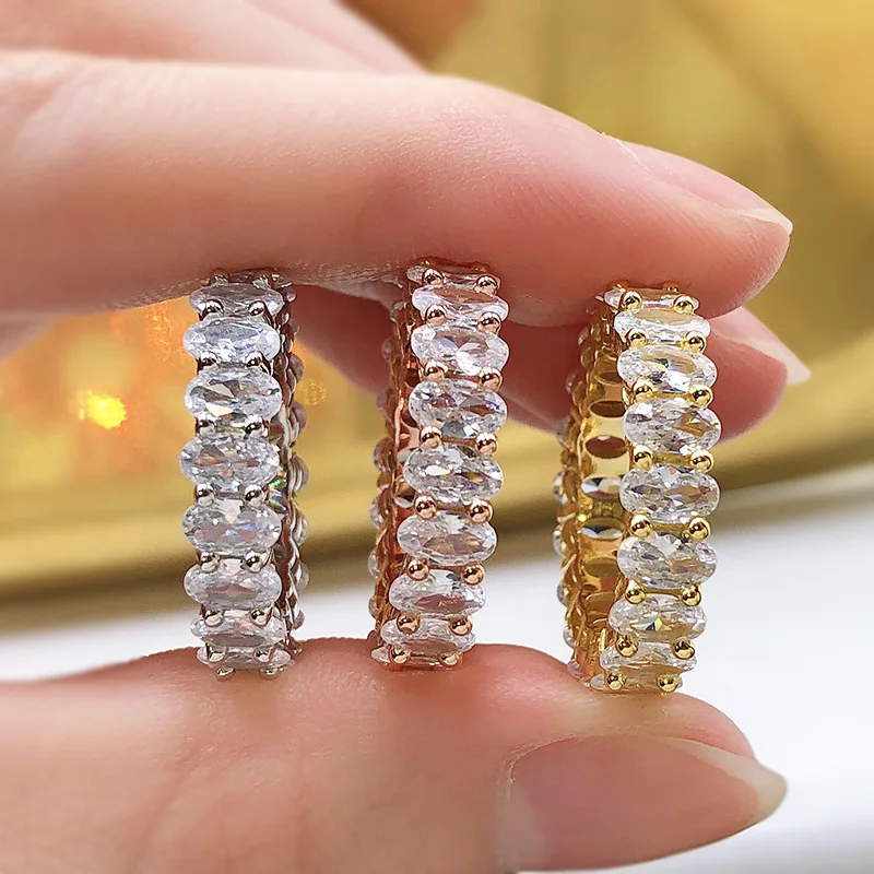 

Fashion S925 Silver Ring Row Settings 3x5mm Pigeon Egg Created Diamonds Plated Gold Color Rings Engagement Wedding Jewelry