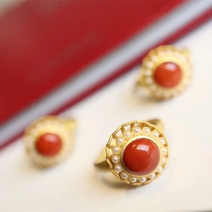 

Big Brand Affordable Luxury Fashion Style Full of Romantic Sterling Silver Gilding Inlaid Natural South Red round Pearl Ring