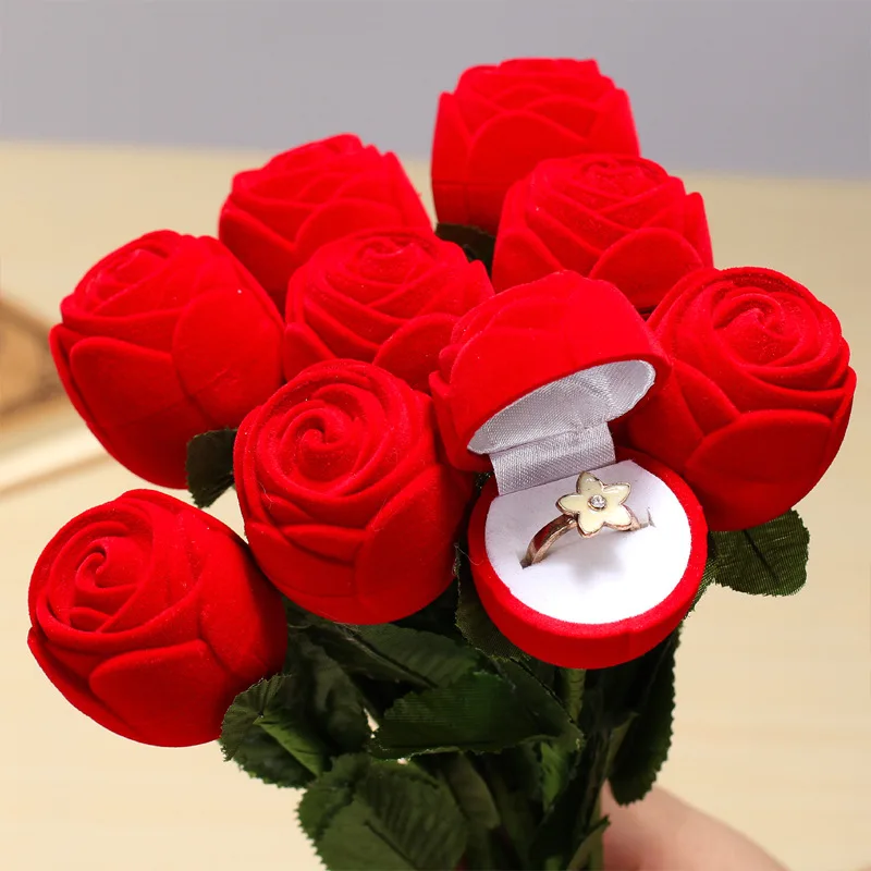 

1pc Romantic Rose Ring Box Flower Flocking Holder Velvet Wedding Propose Engagement Valentine Day Gift Box Packing Jewelry Case