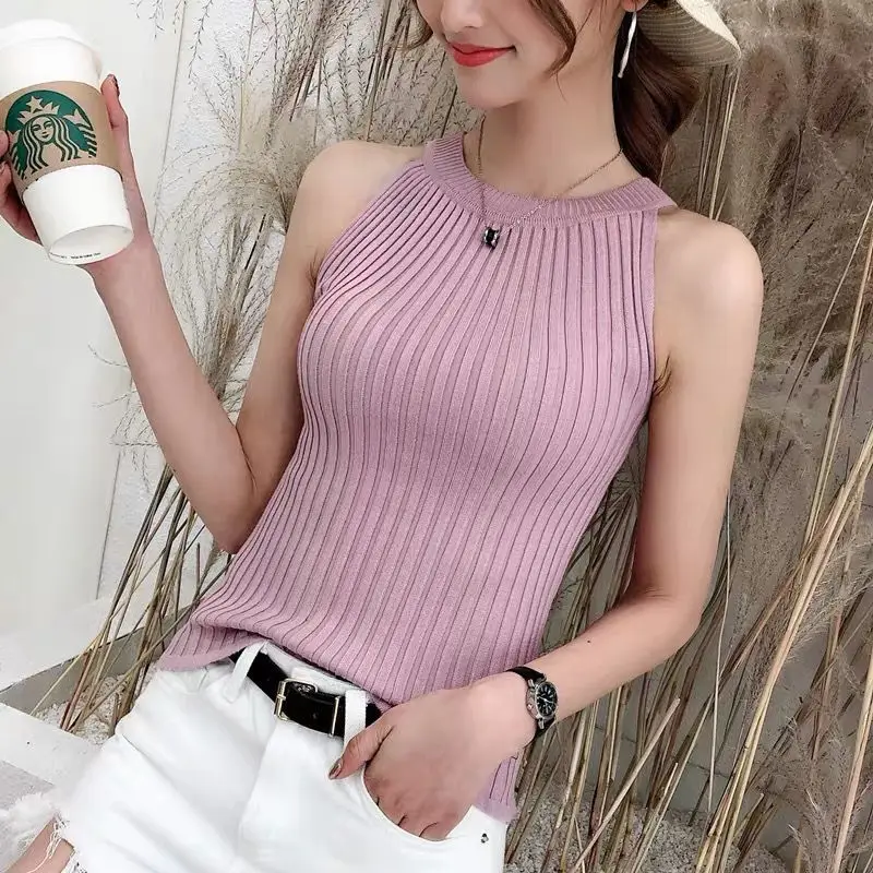 

Oversized Halter Women Solid Sleeveless Slim Tanks Top 2022 Ice Silk Knit Fashion Sexy Y2k T Shirt Female Clothing