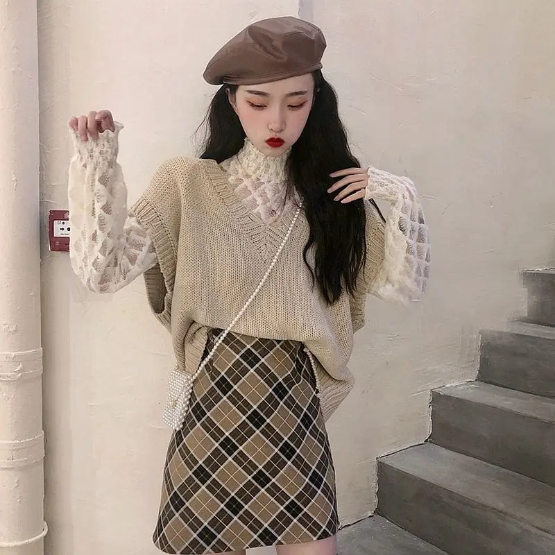 

Woman Casual Two Piece Set Female Long Sleeve Top Cardigan and Plaid Print Skirt Spring Ladies Suit Clothing Skirts Outfits G201
