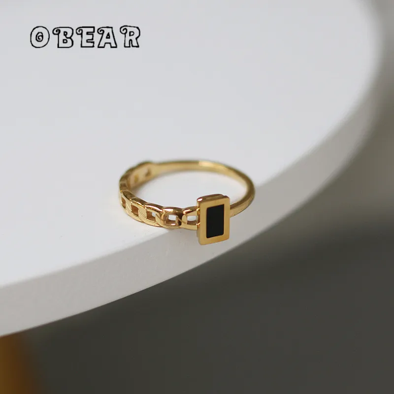 

Fashion Simple Black Square Chain Ring for Women Girl Stainless Steel Plated 18K Gold Jewelry Wholesale